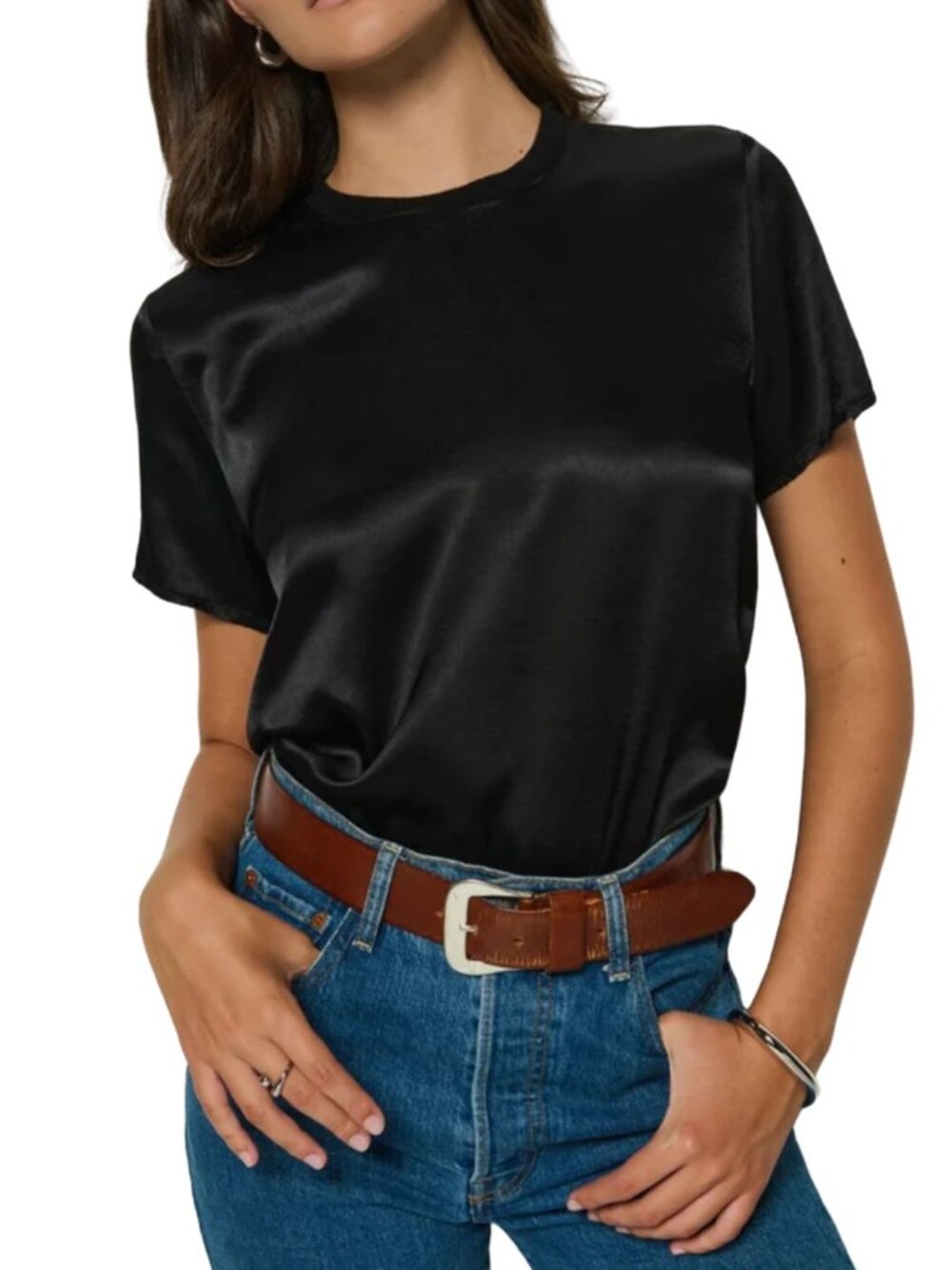 Nation LTD Black Marie Sateen Tee Sz S Short Sleeve Minimalist Satin